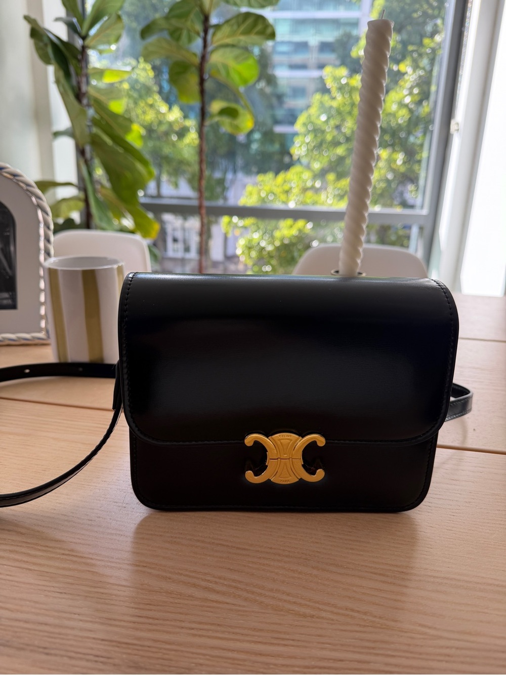 Celine Black Leather Crossbody with Gold Triomphe Clasp
